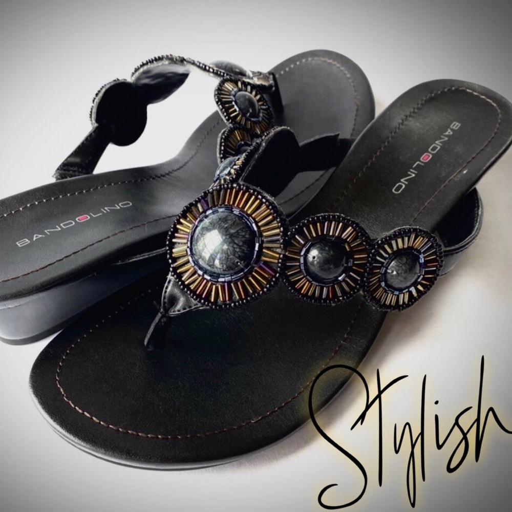 ❤️ Bandolino Black JEWELED Sandals❤️ Wedge Thong